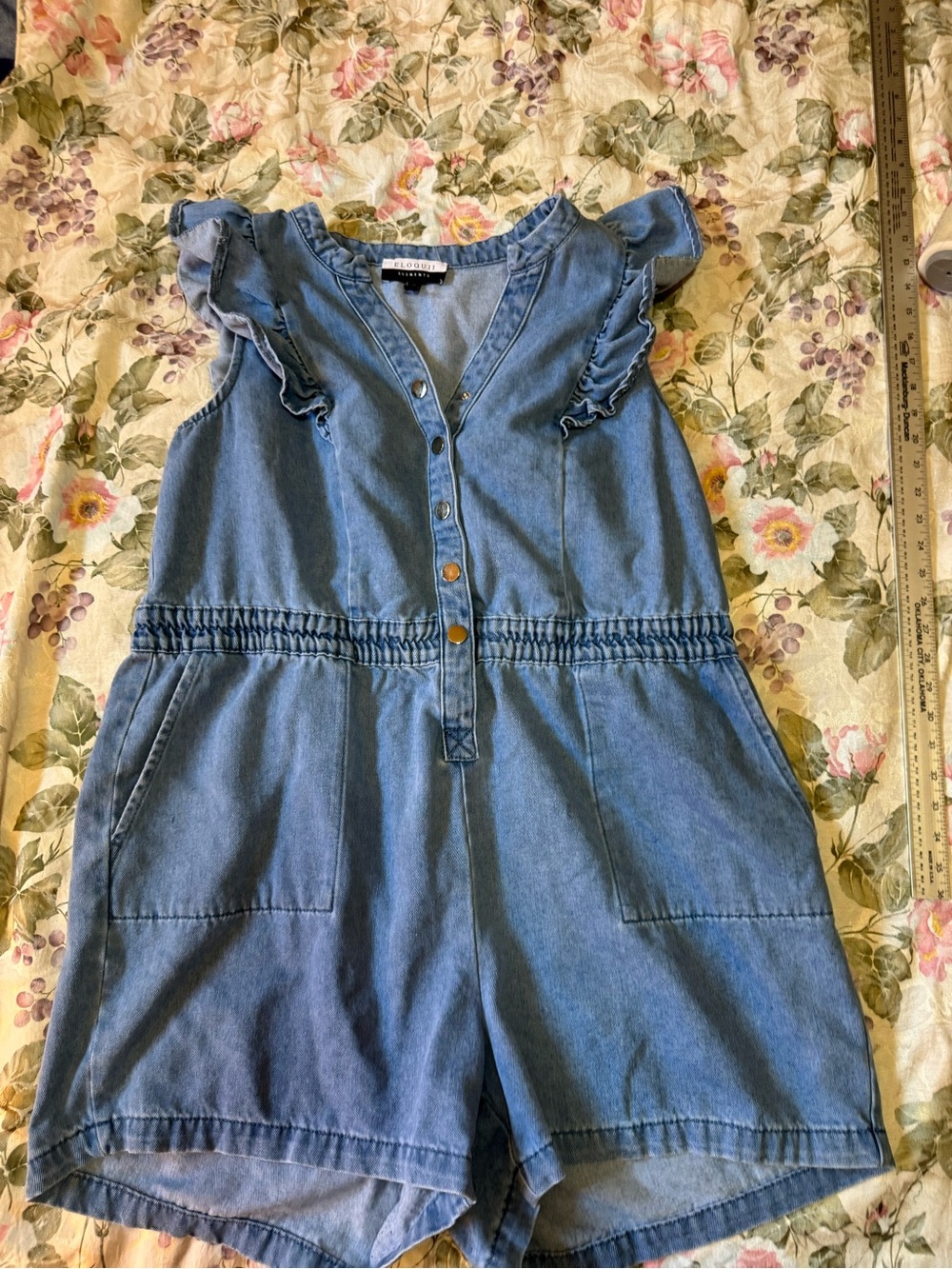 ELOQUII Elements Plus Size 18 Chambray Denim Romper Ruffle Flutter Sleeve